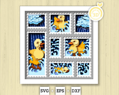 Baby Ducklings in Rain Stamps - 3D Shadow Box Layered SVG DXF EPS (Cutting Files)