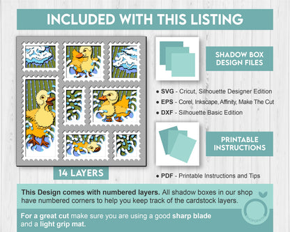 Baby Ducklings in Rain Stamps - 3D Shadow Box Layered SVG DXF EPS (Cutting Files)