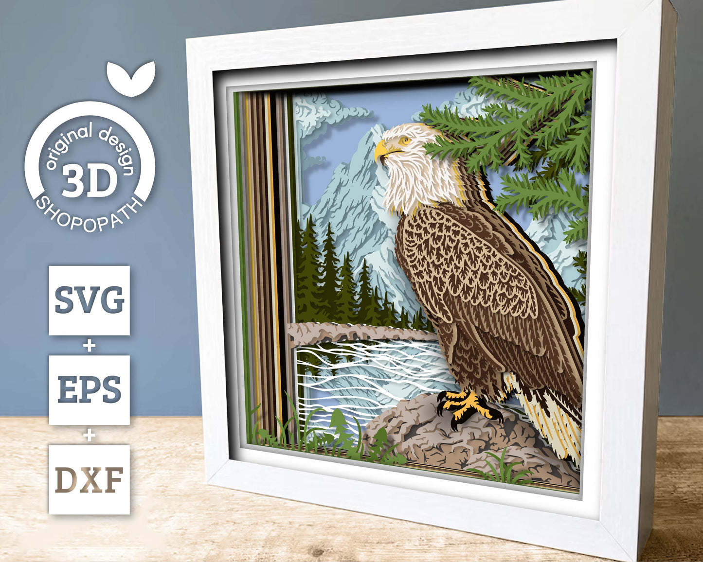 Eagle with Mountain Landscape - 3D Shadow Box Layered SVG DXF EPS (Cutting Files)