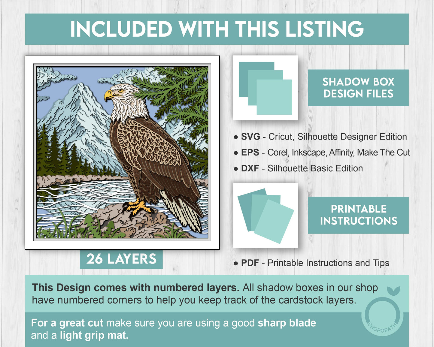 Eagle with Mountain Landscape - 3D Shadow Box Layered SVG DXF EPS (Cutting Files)