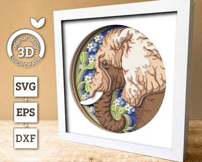 Elephant With Forget-me-not Flowers - 3D Shadow Box Layered SVG DXF EPS (Cutting Files)