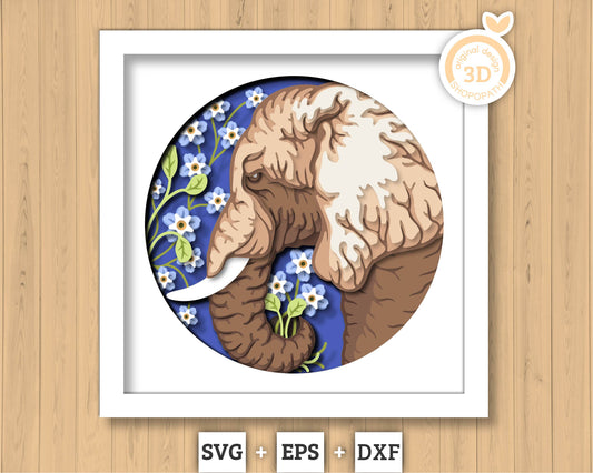 Elephant With Forget-me-not Flowers - 3D Shadow Box Layered SVG DXF EPS (Cutting Files)