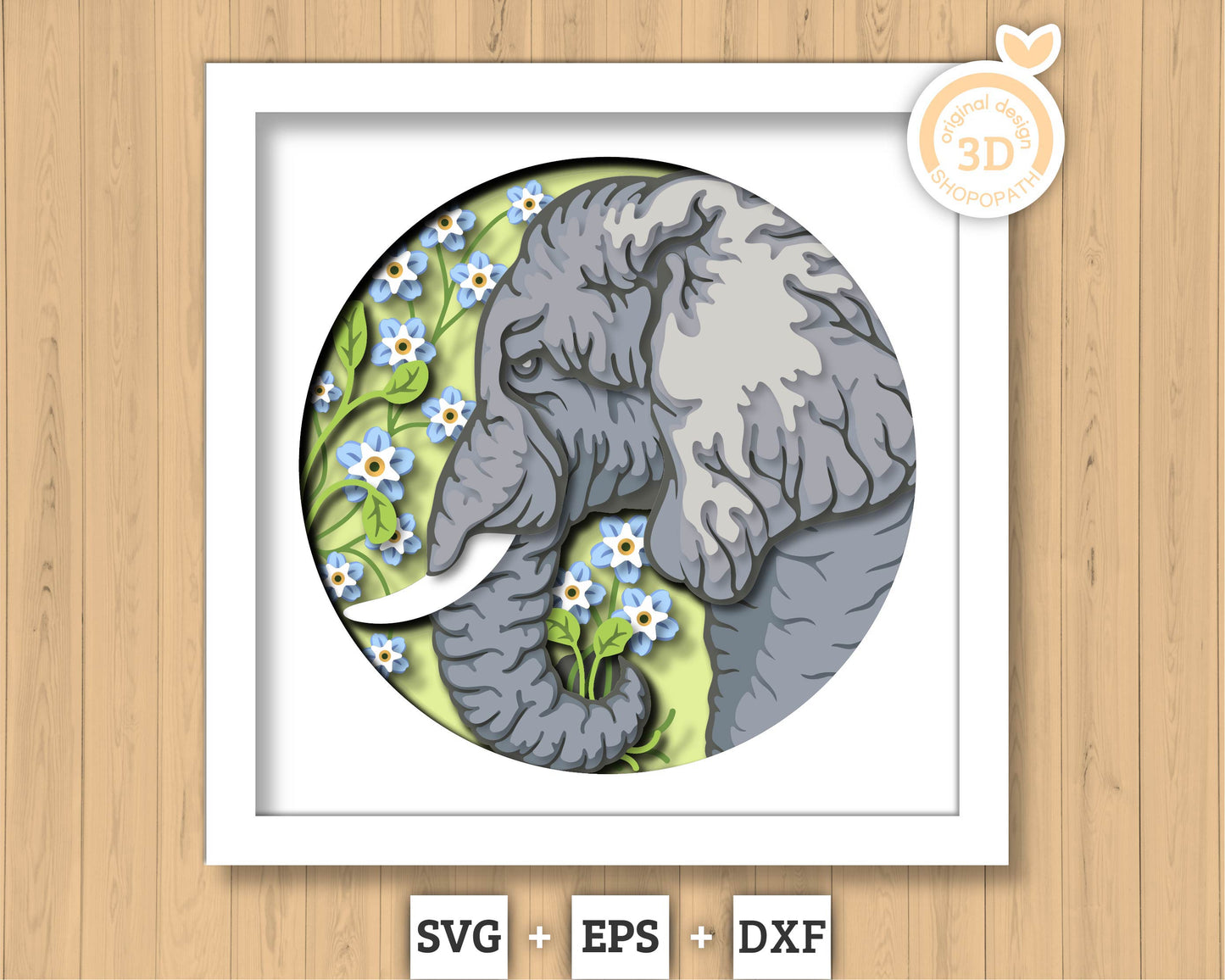 Elephant With Forget-me-not Flowers - 3D Shadow Box Layered SVG DXF EPS (Cutting Files)