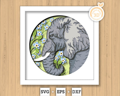 Elephant With Forget-me-not Flowers - 3D Shadow Box Layered SVG DXF EPS (Cutting Files)