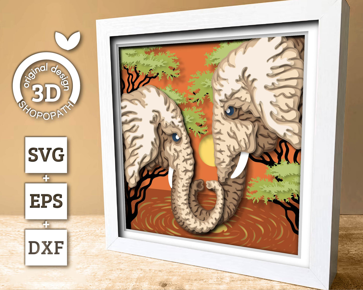 Elephant Couple at Sunset - 3D Shadow Box Layered SVG DXF EPS (Cutting Files)