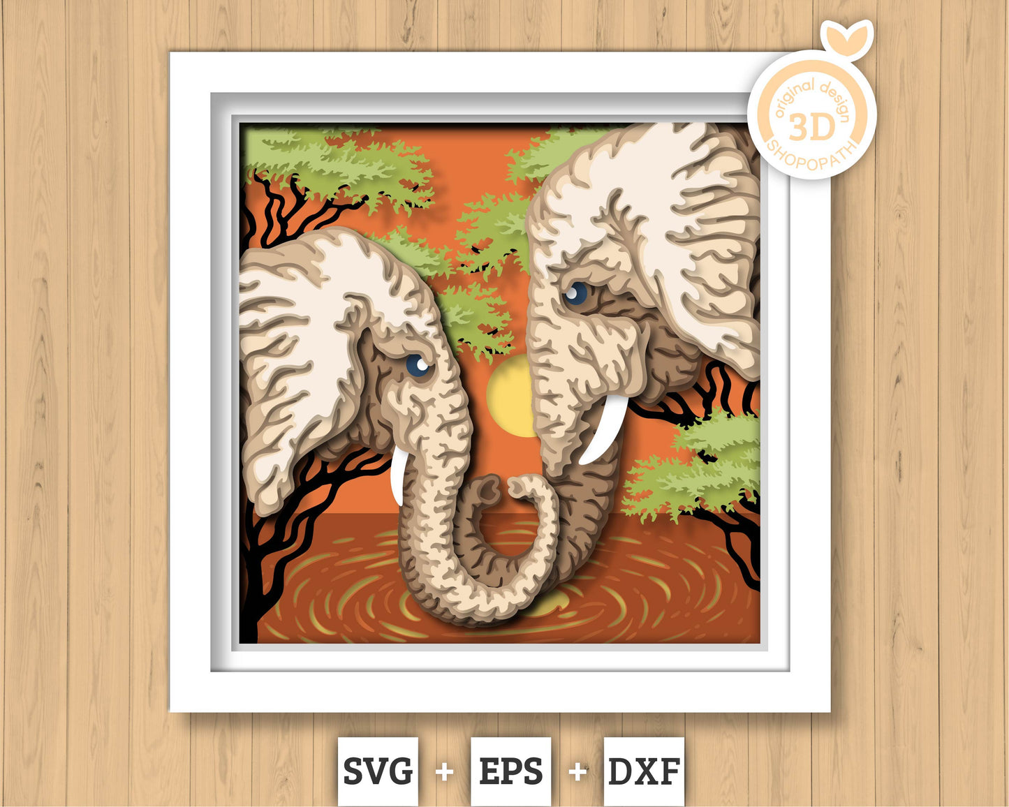 Elephant Couple at Sunset - 3D Shadow Box Layered SVG DXF EPS (Cutting Files)