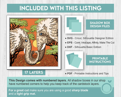 Elephant Couple at Sunset - 3D Shadow Box Layered SVG DXF EPS (Cutting Files)