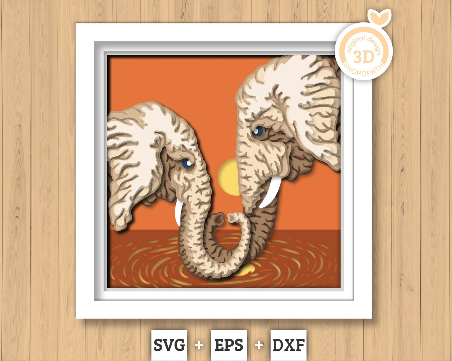 Elephant Couple at Sunset - 3D Shadow Box Layered SVG DXF EPS (Cutting Files)