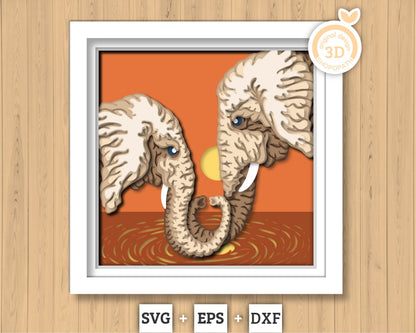 Elephant Couple at Sunset - 3D Shadow Box Layered SVG DXF EPS (Cutting Files)