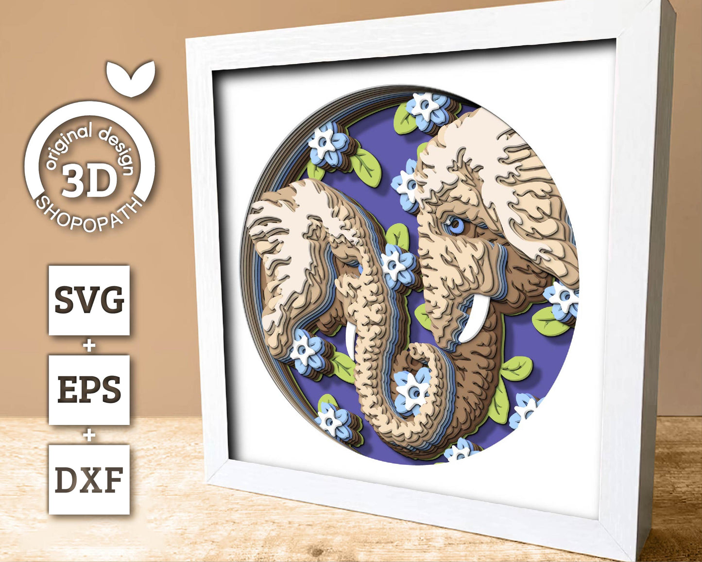 Elephant Couple With Forget-me-not Flowers - 3D Shadow Box Layered SVG DXF EPS (Cutting Files)
