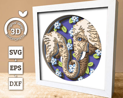 Elephant Couple With Forget-me-not Flowers - 3D Shadow Box Layered SVG DXF EPS (Cutting Files)