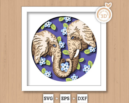 Elephant Couple With Forget-me-not Flowers - 3D Shadow Box Layered SVG DXF EPS (Cutting Files)