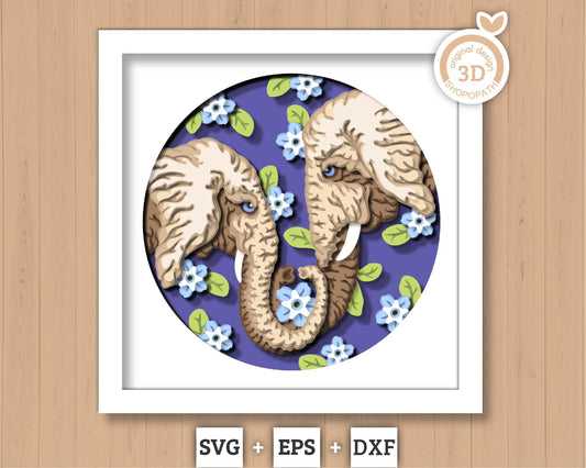 Elephant Couple With Forget-me-not Flowers - 3D Shadow Box Layered SVG DXF EPS (Cutting Files)