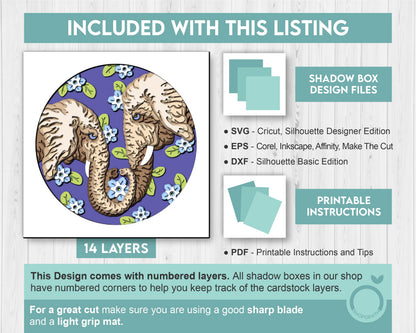 Elephant Couple With Forget-me-not Flowers - 3D Shadow Box Layered SVG DXF EPS (Cutting Files)