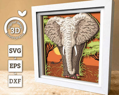 Elephant in Safari Sunset - 3D Shadow Box Layered SVG DXF EPS (Cutting Files)