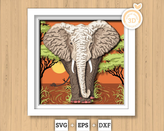 Elephant in Safari Sunset - 3D Shadow Box Layered SVG DXF EPS (Cutting Files)