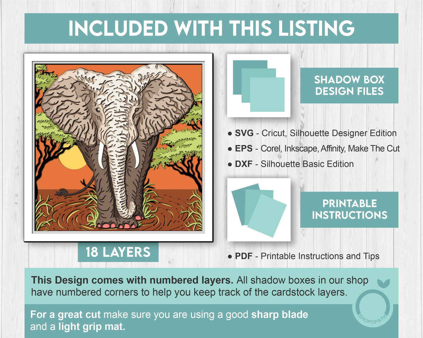 Elephant in Safari Sunset - 3D Shadow Box Layered SVG DXF EPS (Cutting Files)
