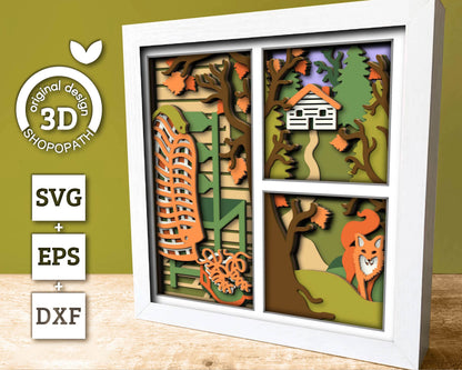 3D SVG Cabin Woods Shadow Box, Woodland Animals Shadow Box, Layered Fox SVG EPS, Fall Shadow Box, Autumn 3D Svg, Leaves, Cricut Silhouette