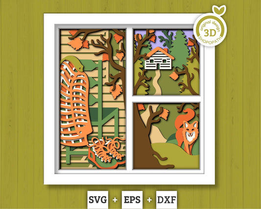 3D SVG Cabin Woods Shadow Box, Woodland Animals Shadow Box, Layered Fox SVG EPS, Fall Shadow Box, Autumn 3D Svg, Leaves, Cricut Silhouette