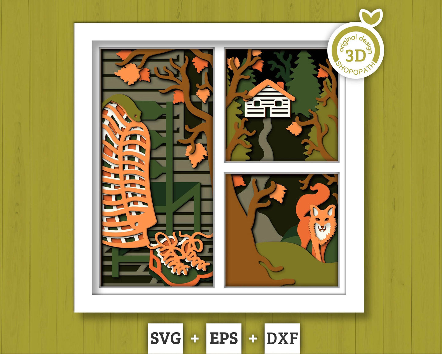 3D SVG Cabin Woods Shadow Box, Woodland Animals Shadow Box, Layered Fox SVG EPS, Fall Shadow Box, Autumn 3D Svg, Leaves, Cricut Silhouette