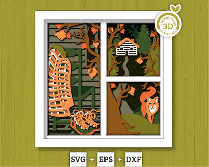3D SVG Cabin Woods Shadow Box, Woodland Animals Shadow Box, Layered Fox SVG EPS, Fall Shadow Box, Autumn 3D Svg, Leaves, Cricut Silhouette