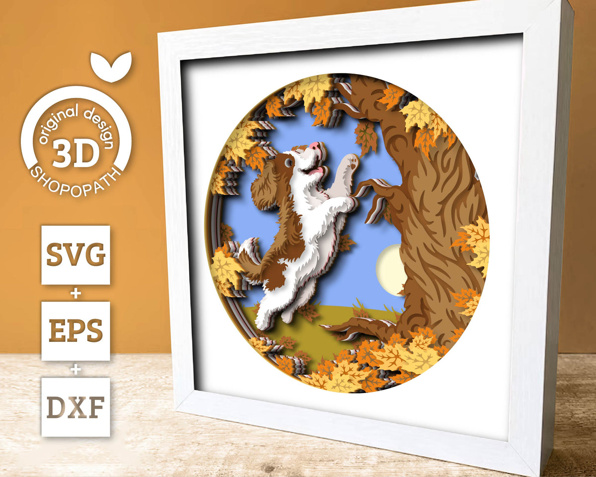 Puppy Playing in Maple Leaves - 3D Shadow Box Layered SVG DXF EPS (Cutting Files)