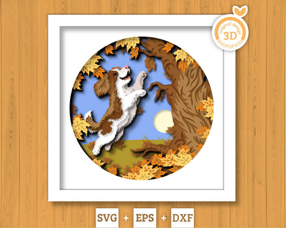 Puppy Playing in Maple Leaves - 3D Shadow Box Layered SVG DXF EPS (Cutting Files)