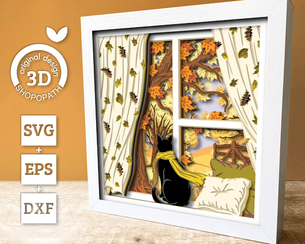 Black Cat with Scarf and Fall Landscape - 3D Shadow Box Layered SVG DXF EPS (Cutting Files)