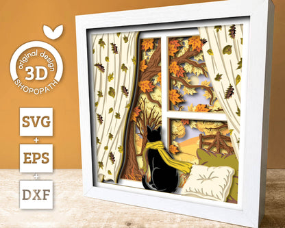 Black Cat with Scarf and Fall Landscape - 3D Shadow Box Layered SVG DXF EPS (Cutting Files)