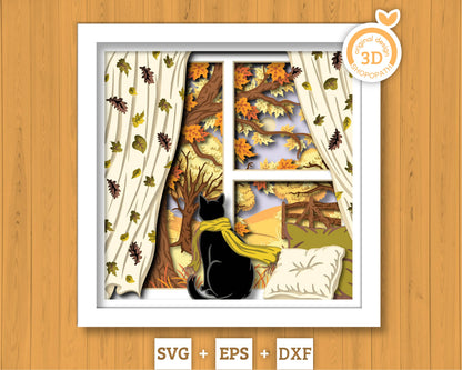 Black Cat with Scarf and Fall Landscape - 3D Shadow Box Layered SVG DXF EPS (Cutting Files)