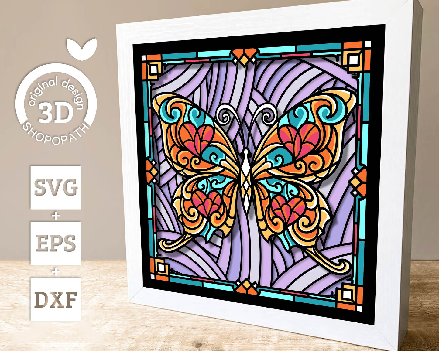 Fantasy Butterfly Stained Glass - 3D Shadow Box Layered SVG DXF EPS (Cutting Files)