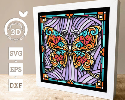 Fantasy Butterfly Stained Glass - 3D Shadow Box Layered SVG DXF EPS (Cutting Files)