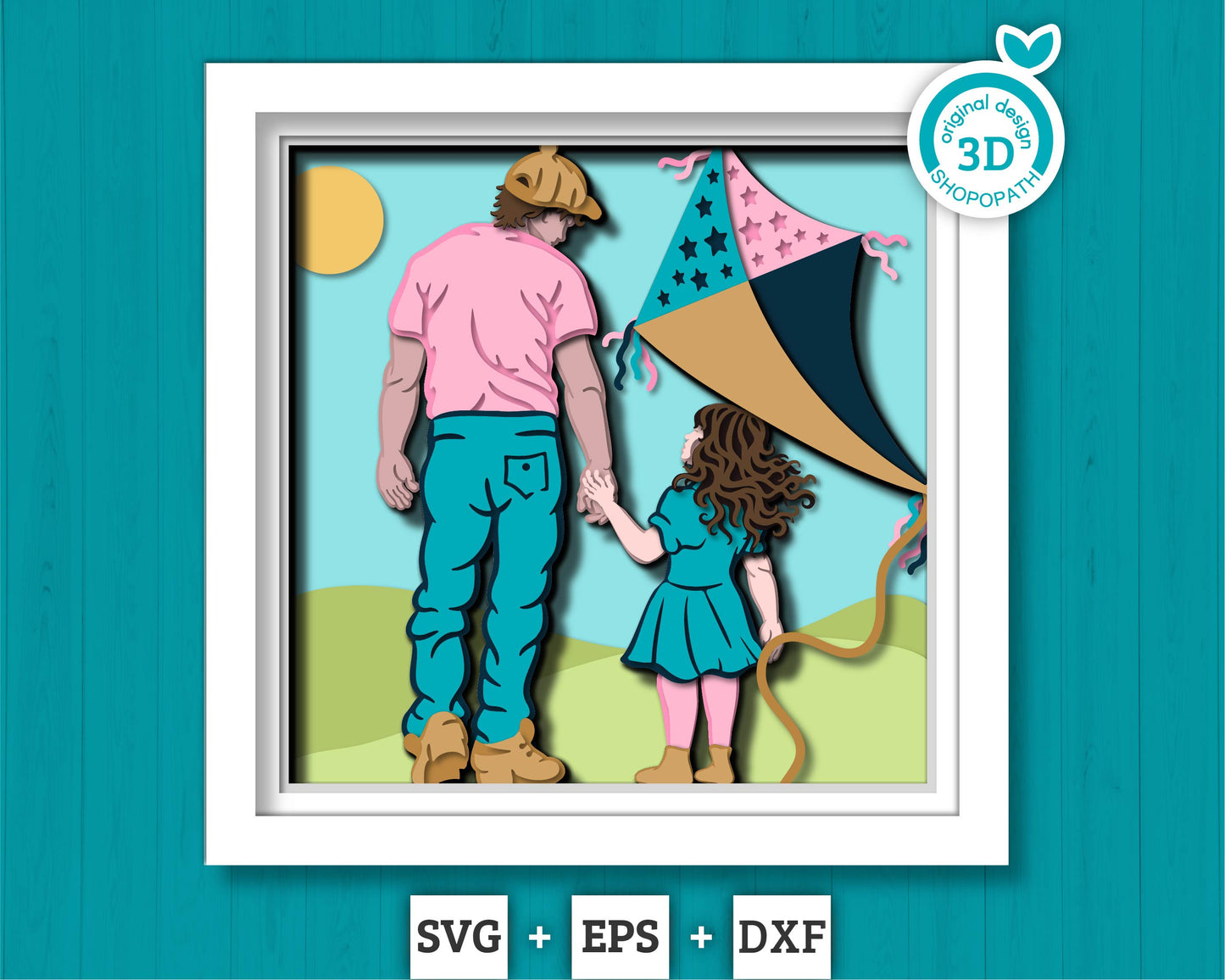 Father Daughter Flying Kite - 3D Shadow Box Layered SVG DXF EPS (Cutting Files)