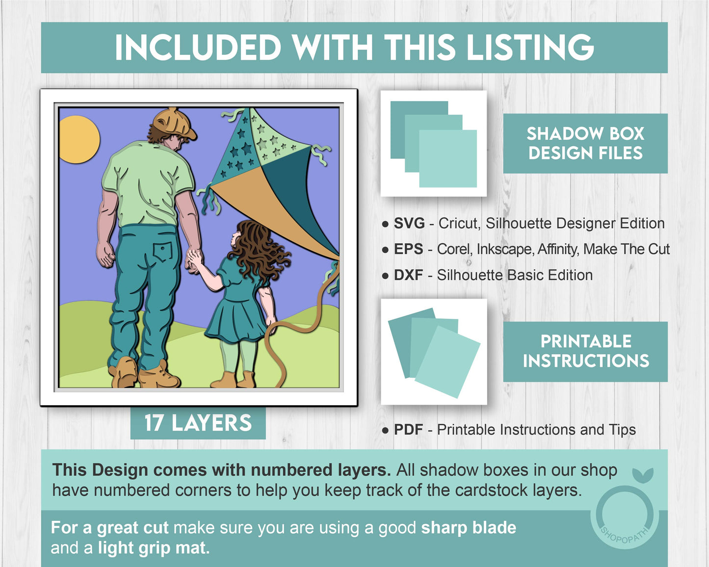 Father Daughter Flying Kite - 3D Shadow Box Layered SVG DXF EPS (Cutting Files)