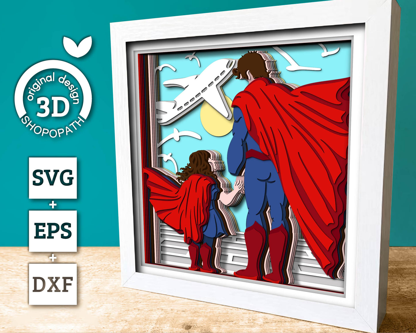Superhero Father and Daughter - 3D Shadow Box Layered SVG DXF EPS (Cutting Files)