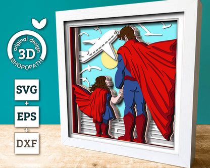 Superhero Father and Daughter - 3D Shadow Box Layered SVG DXF EPS (Cutting Files)