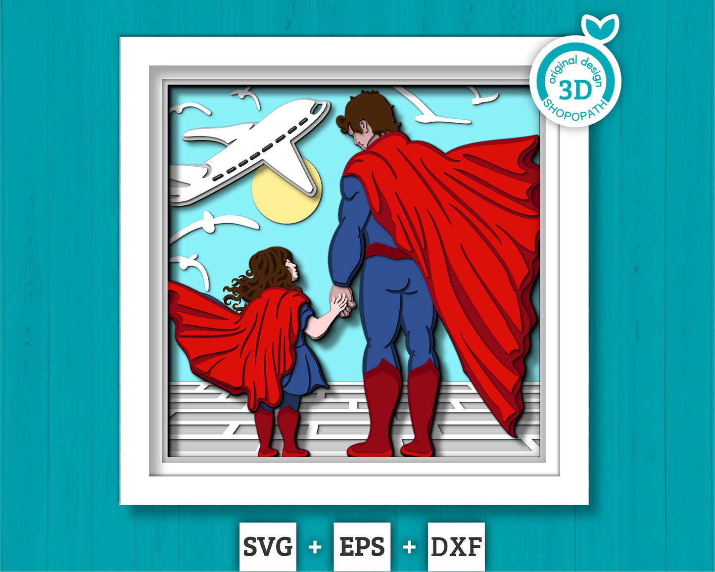 Superhero Father and Daughter - 3D Shadow Box Layered SVG DXF EPS (Cutting Files)