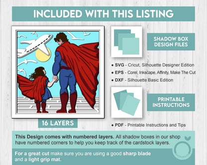 Superhero Father and Daughter - 3D Shadow Box Layered SVG DXF EPS (Cutting Files)