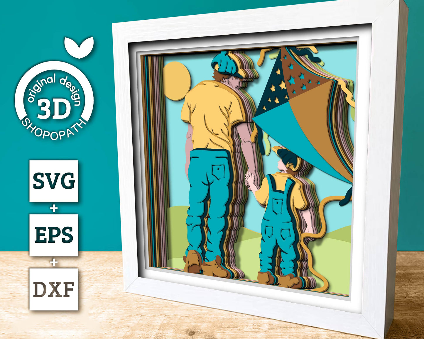 Father and Son Flying Kite - 3D Shadow Box Layered SVG DXF EPS (Cutting Files)