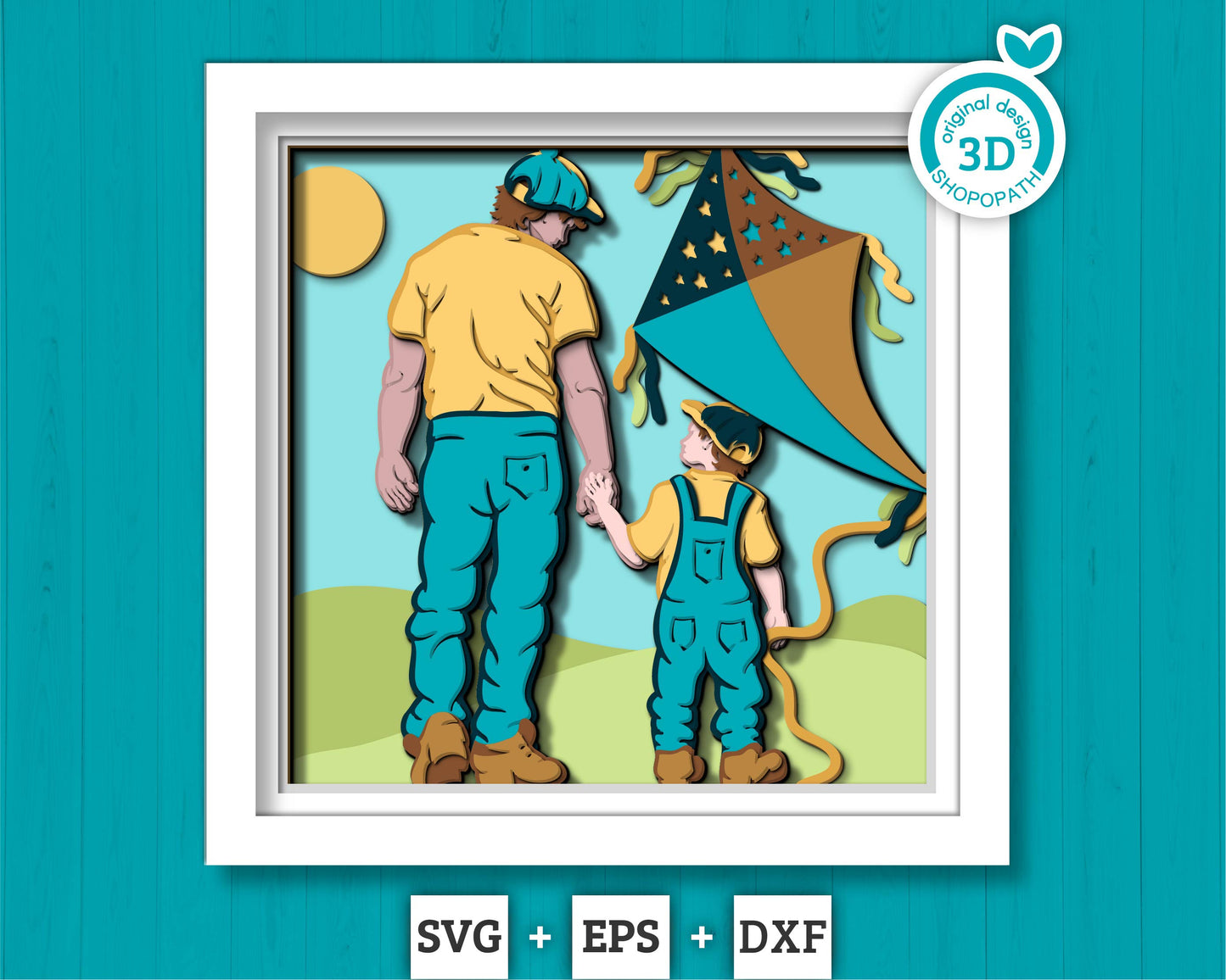 Father and Son Flying Kite - 3D Shadow Box Layered SVG DXF EPS (Cutting Files)