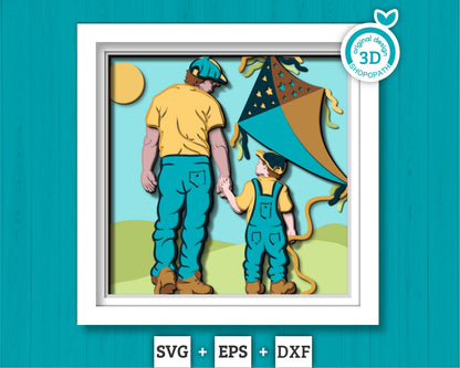 Father and Son Flying Kite - 3D Shadow Box Layered SVG DXF EPS (Cutting Files)