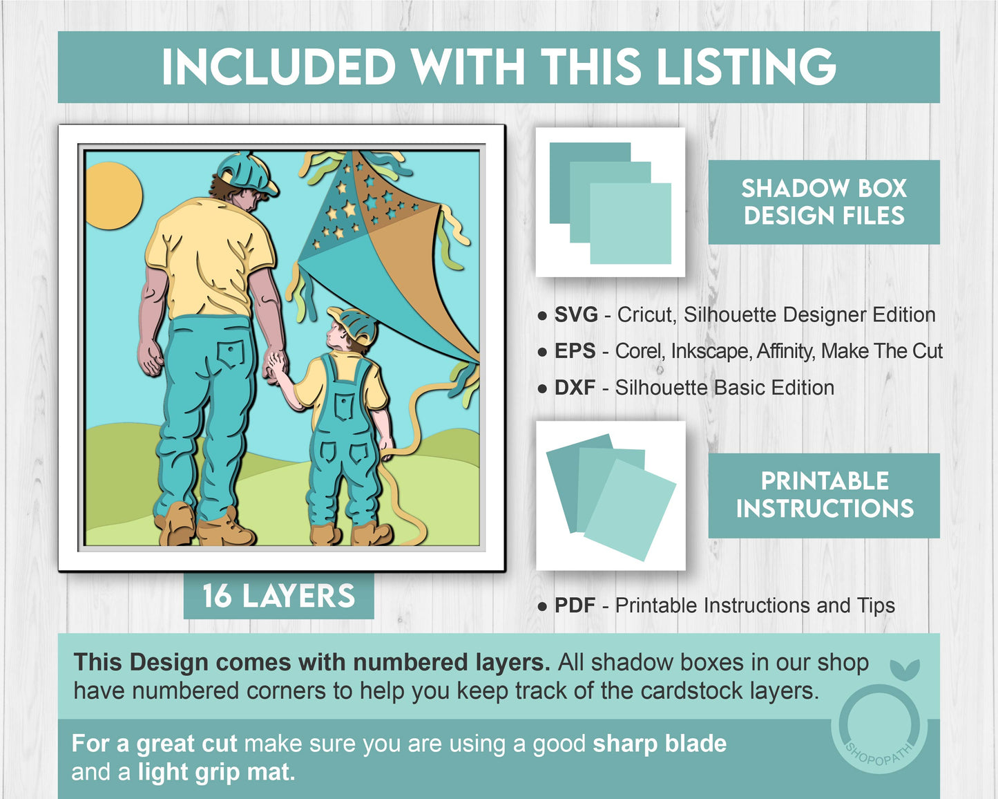 Father and Son Flying Kite - 3D Shadow Box Layered SVG DXF EPS (Cutting Files)