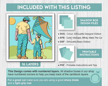Father and Son Flying Kite - 3D Shadow Box Layered SVG DXF EPS (Cutting Files)