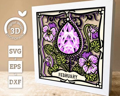 February Shadow Box 3D SVG Birth Month Amethyst Gemstone with Violet Flowers, Tattoo Style, Cricut Silhouette With DXF Cutting Files