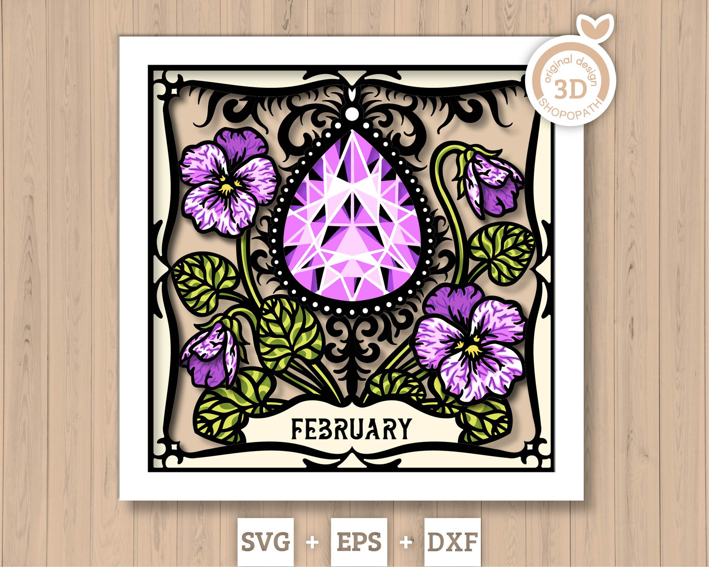 February Shadow Box 3D SVG Birth Month Amethyst Gemstone with Violet Flowers, Tattoo Style, Cricut Silhouette With DXF Cutting Files