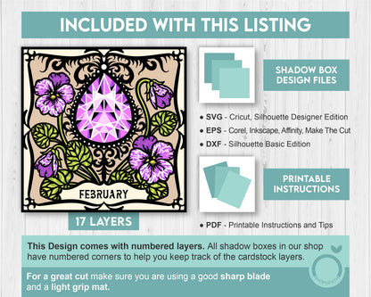 February Shadow Box 3D SVG Birth Month Amethyst Gemstone with Violet Flowers, Tattoo Style, Cricut Silhouette With DXF Cutting Files