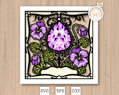 February Shadow Box 3D SVG Birth Month Amethyst Gemstone with Violet Flowers, Tattoo Style, Cricut Silhouette With DXF Cutting Files