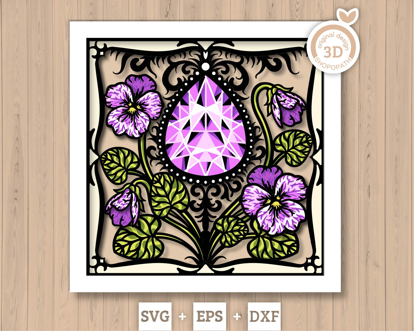 February Shadow Box 3D SVG Birth Month Amethyst Gemstone with Violet Flowers, Tattoo Style, Cricut Silhouette With DXF Cutting Files