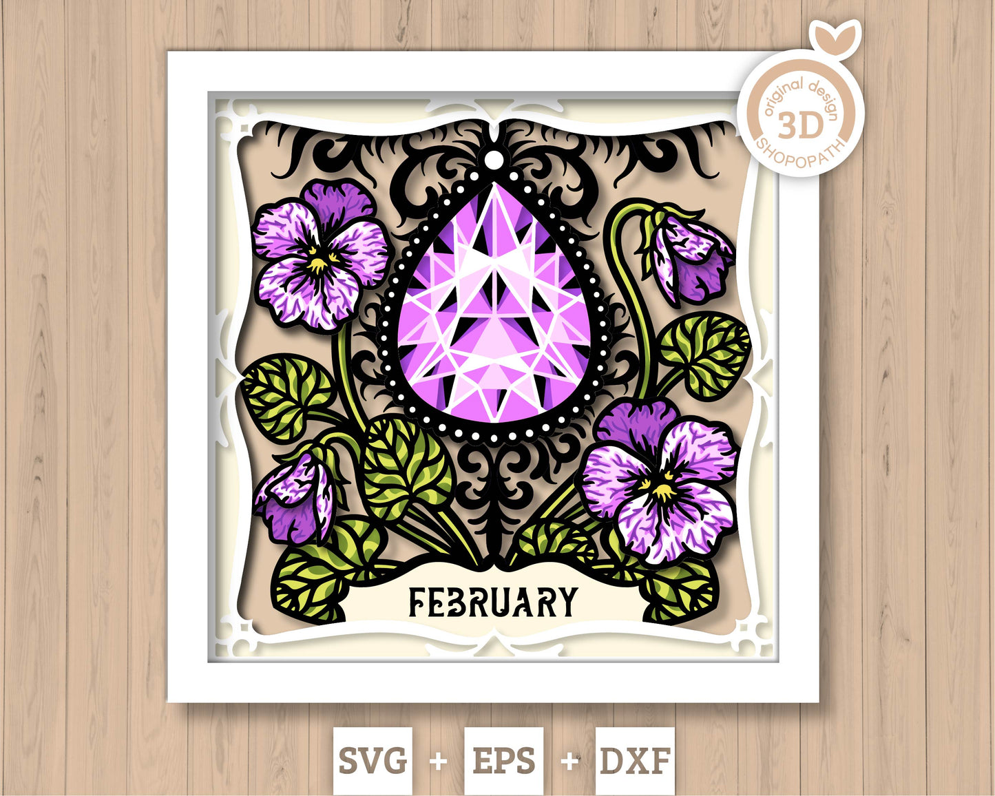 February Shadow Box 3D SVG Birth Month Amethyst Gemstone with Violet Flowers, Tattoo Style, Cricut Silhouette With DXF Cutting Files