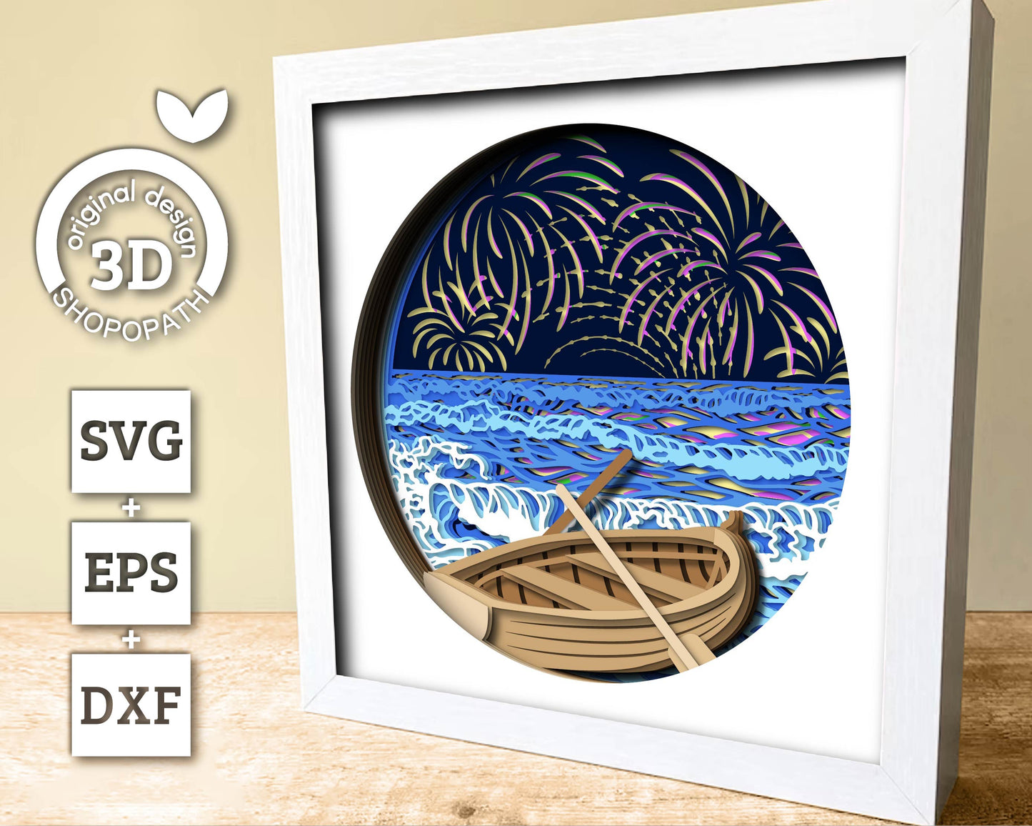 3D SVG Fireworks Shadow Box, Fireworks 3D Svg, 4th of July 3d Svg, Sea 3D svg, Summer 3d Svg, Waves 3d svg, Night 3d SVG Cricut Silhouette